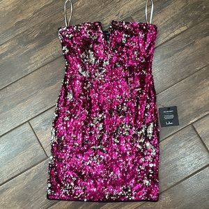 NWT Lulus Hot pink / silver reversible sequin strapless tube dress